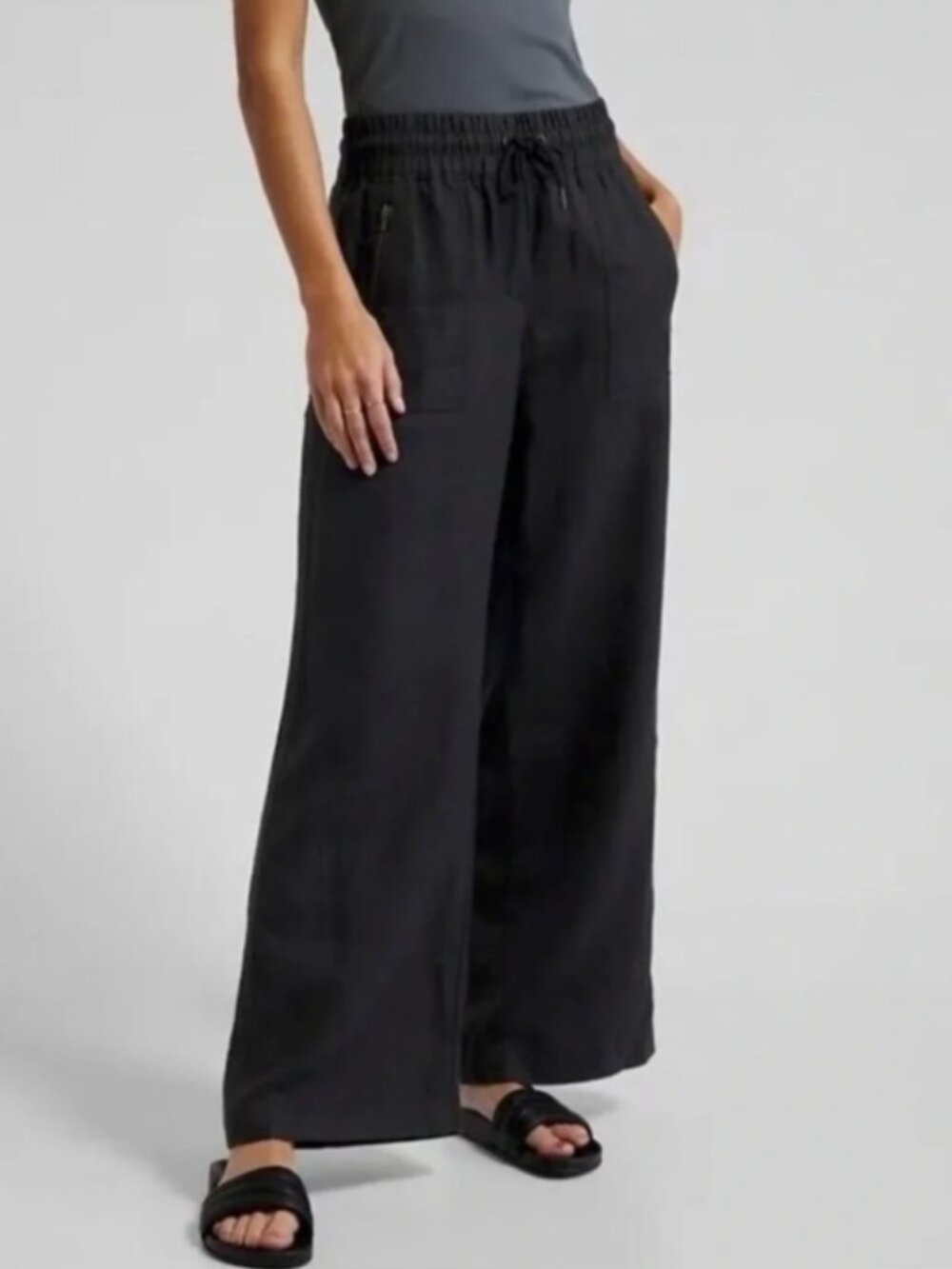 Athleta cabo 100% linen wide leg pant black size 14 pull on elastic waist casual